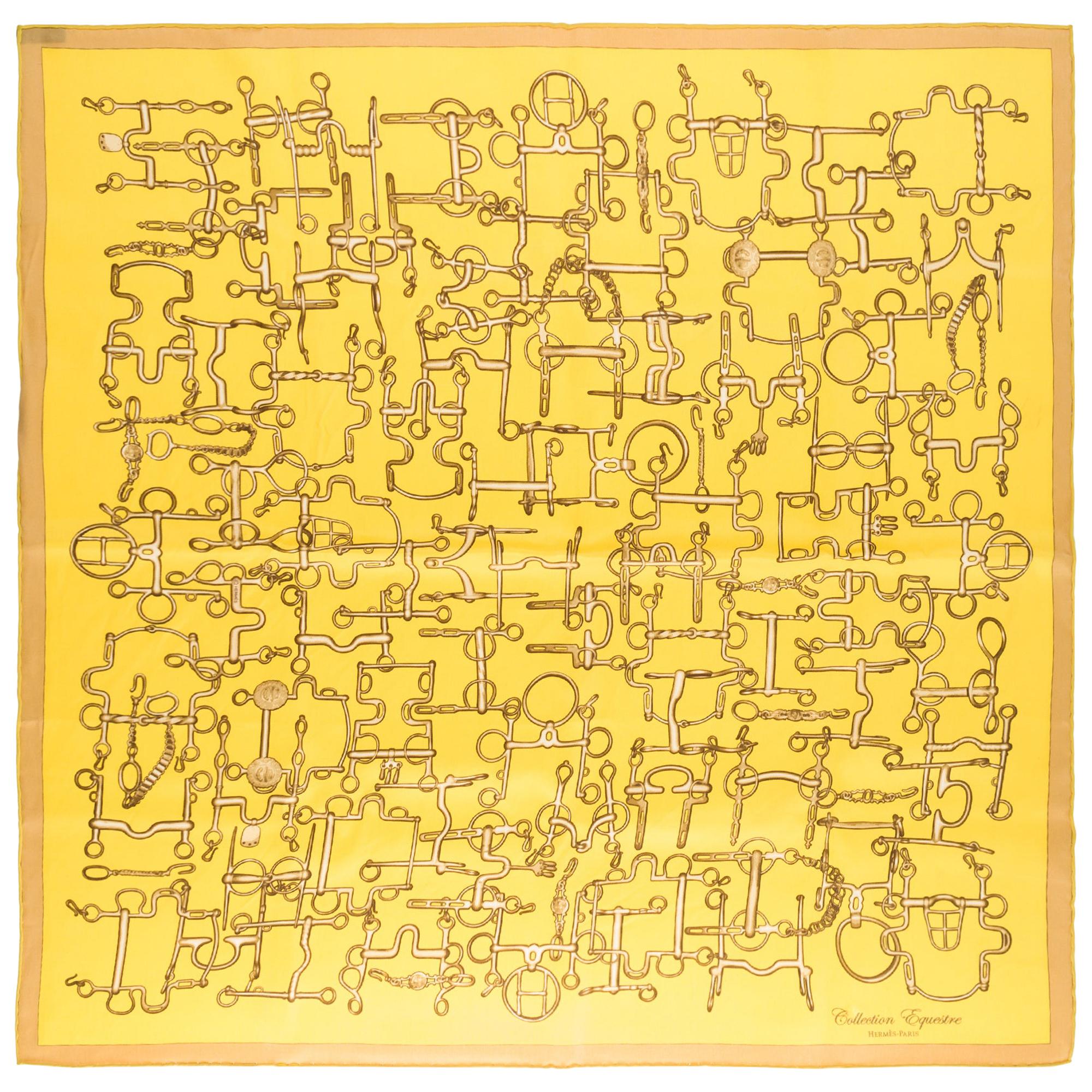 Hermes Rare Carre In Yellow Silk Twill "Equestrian Collection"